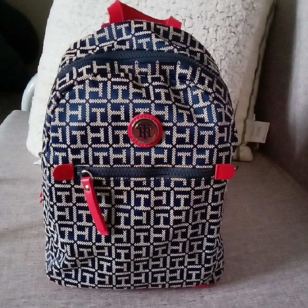 Tommy Hilfiger Navy Backpack with Red Accents and Monogram